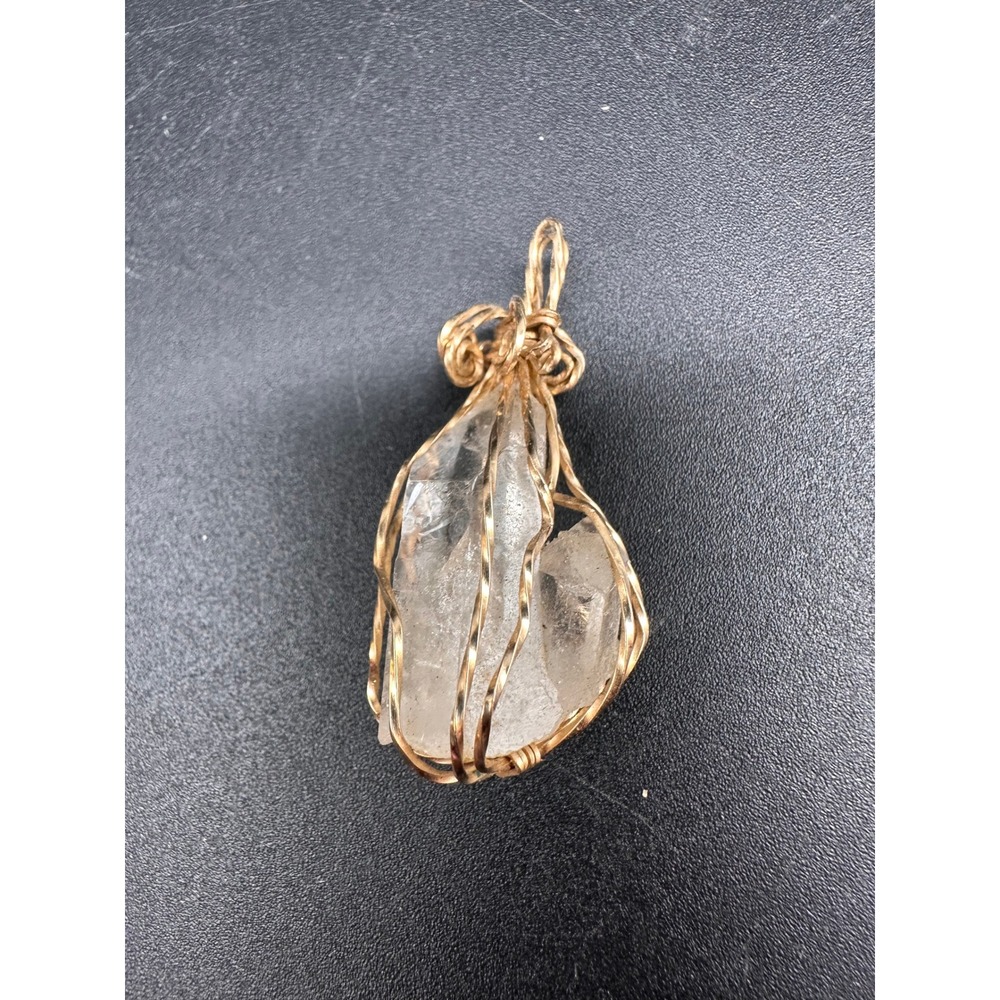 Handmade Raw Clear Quartz Pendant Gold Wire Wrapped Crystal Necklace 1.5"